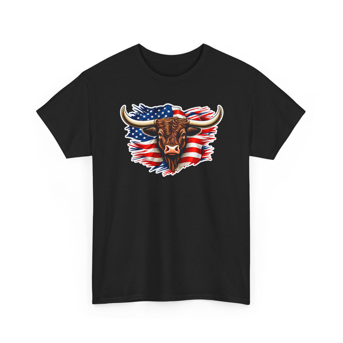 American Flag Bull Graphic Tee — Patriotic Cowboy Western T-Shirt