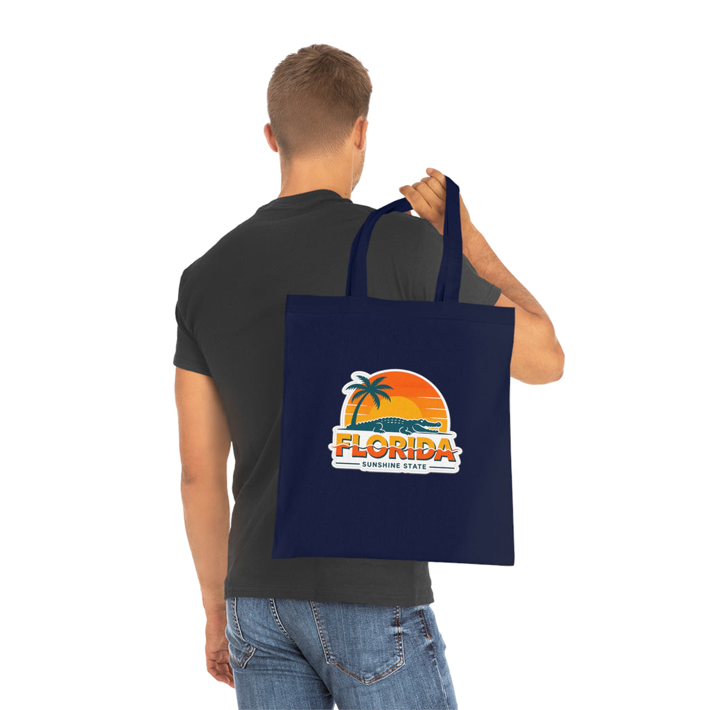 Florida Sunshine State Palm Tree Tote Bag — Retro Beach Sunset Cotton Tote