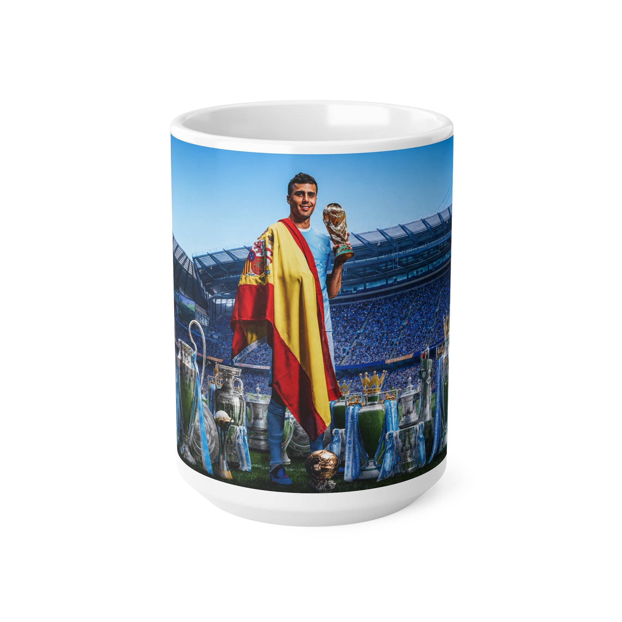 Rodri Man City Soccer Champion Ceramic Mug — Fan Cup with Trophies & Stadium Scene