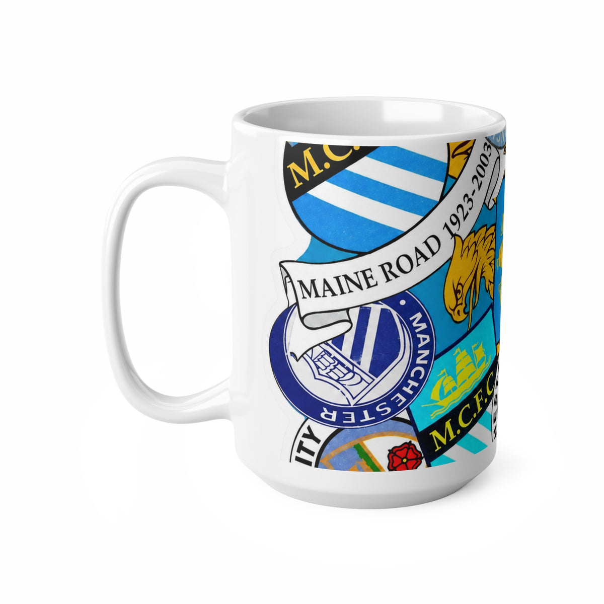Manchester City Crest Collage Mug — Ceramic Coffee Cup (11oz & 15oz)