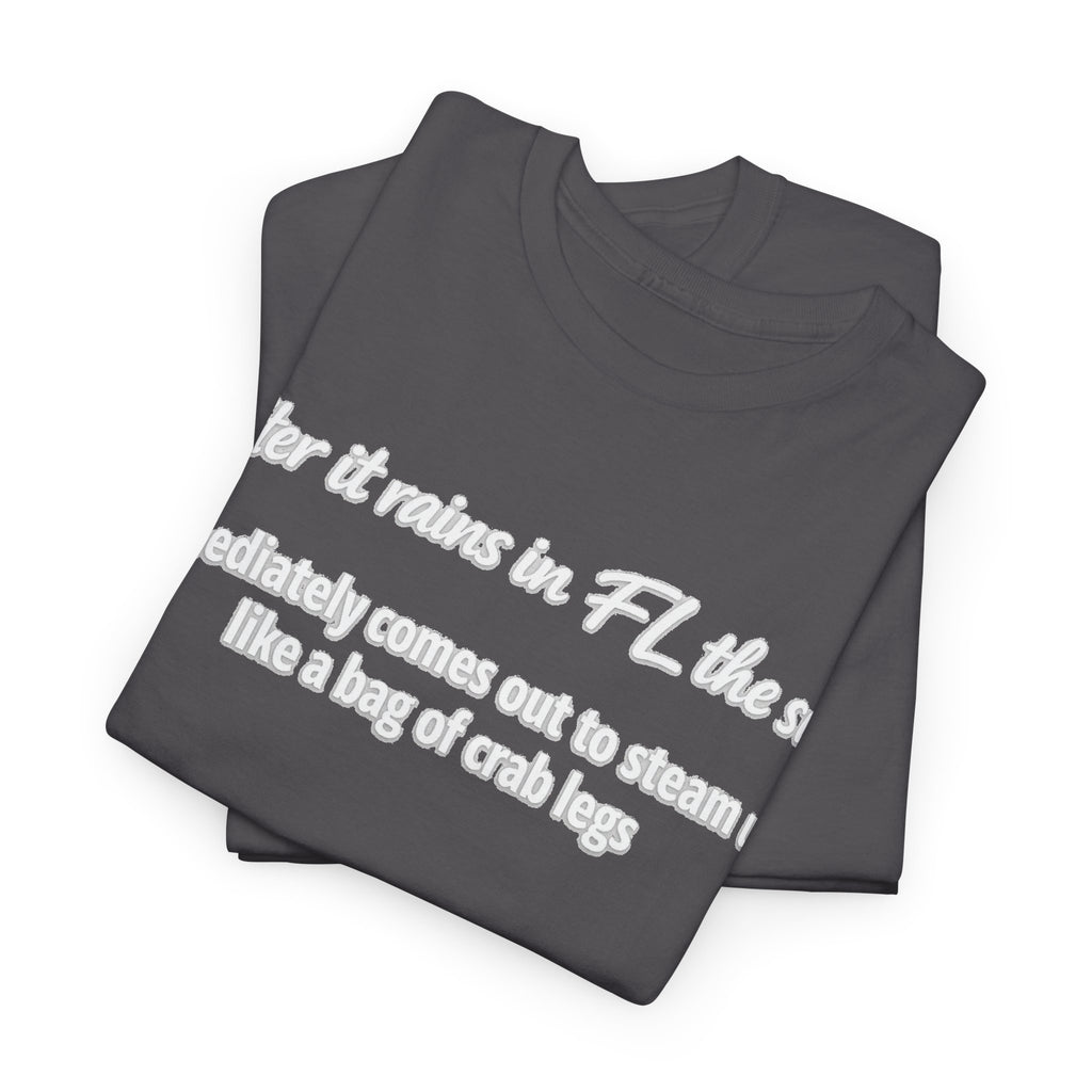Florida Heat Tee — "after it rains in FL the sun immediately comes out to steam us like a bag of crab legs"