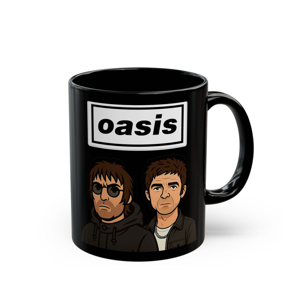 Oasis Inspired Cartoon Band Black Mug — Liam & Noel Ceramic Coffee Cup (11oz/15oz)