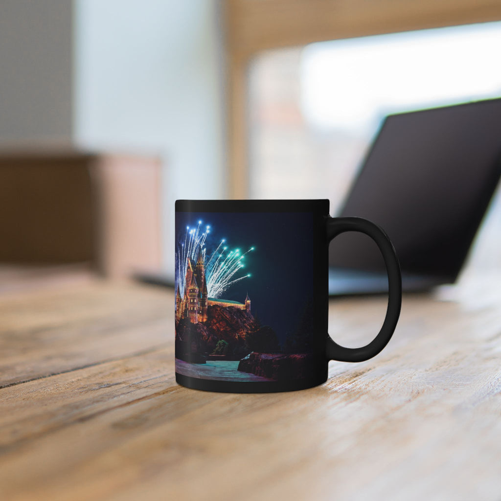Hogwarts Castle Fireworks Night Black Mug — Castle Nightscape Coffee Cup (11oz/15oz)