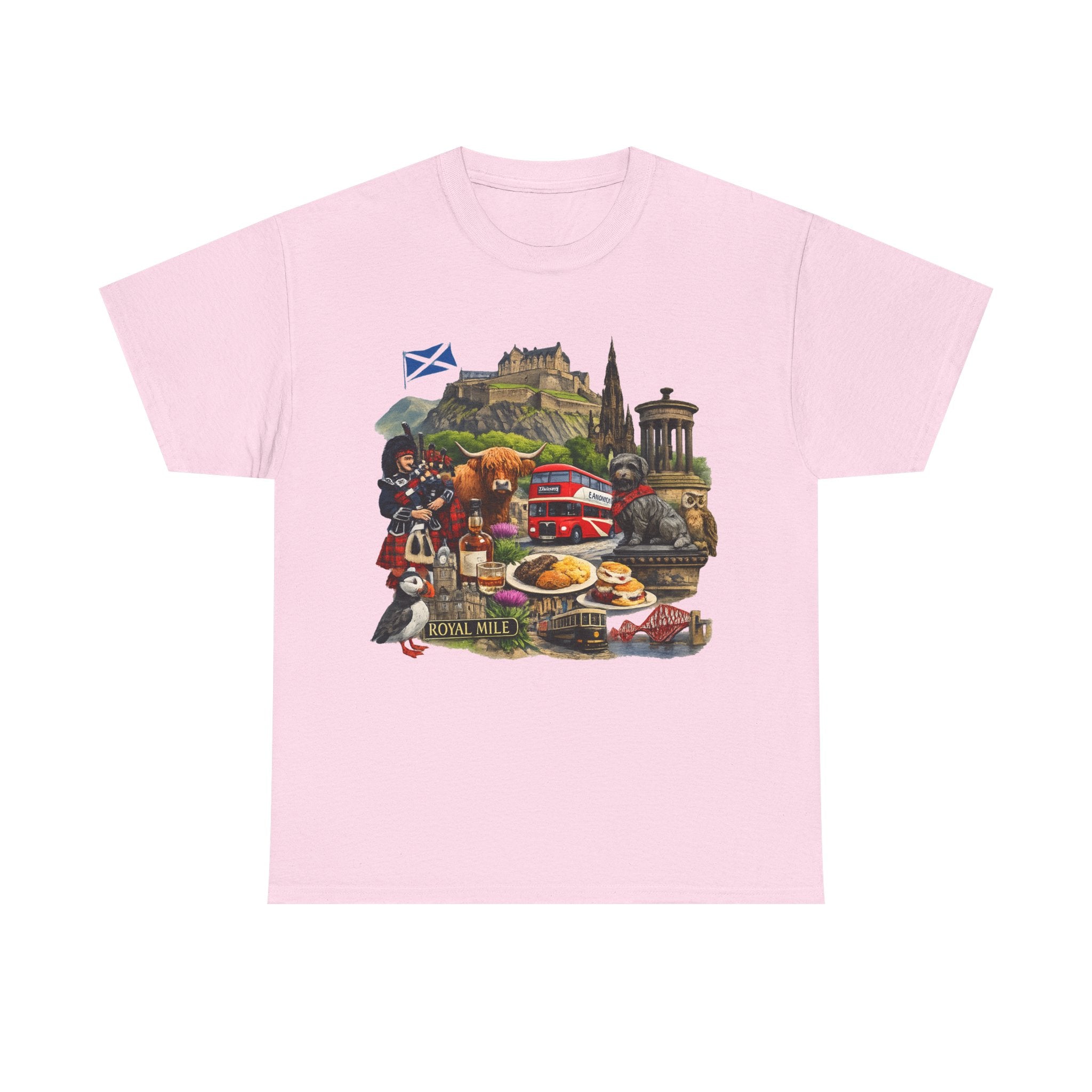 Scotland / Edinburgh Travel Collage T-Shirt — Edinburgh Castle, Bagpipes & Local Icons