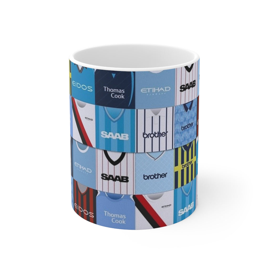 Manchester City Retro Football Kit Collage Mug — Vintage Soccer Jersey Pattern Coffee Cup (11oz & 15oz)