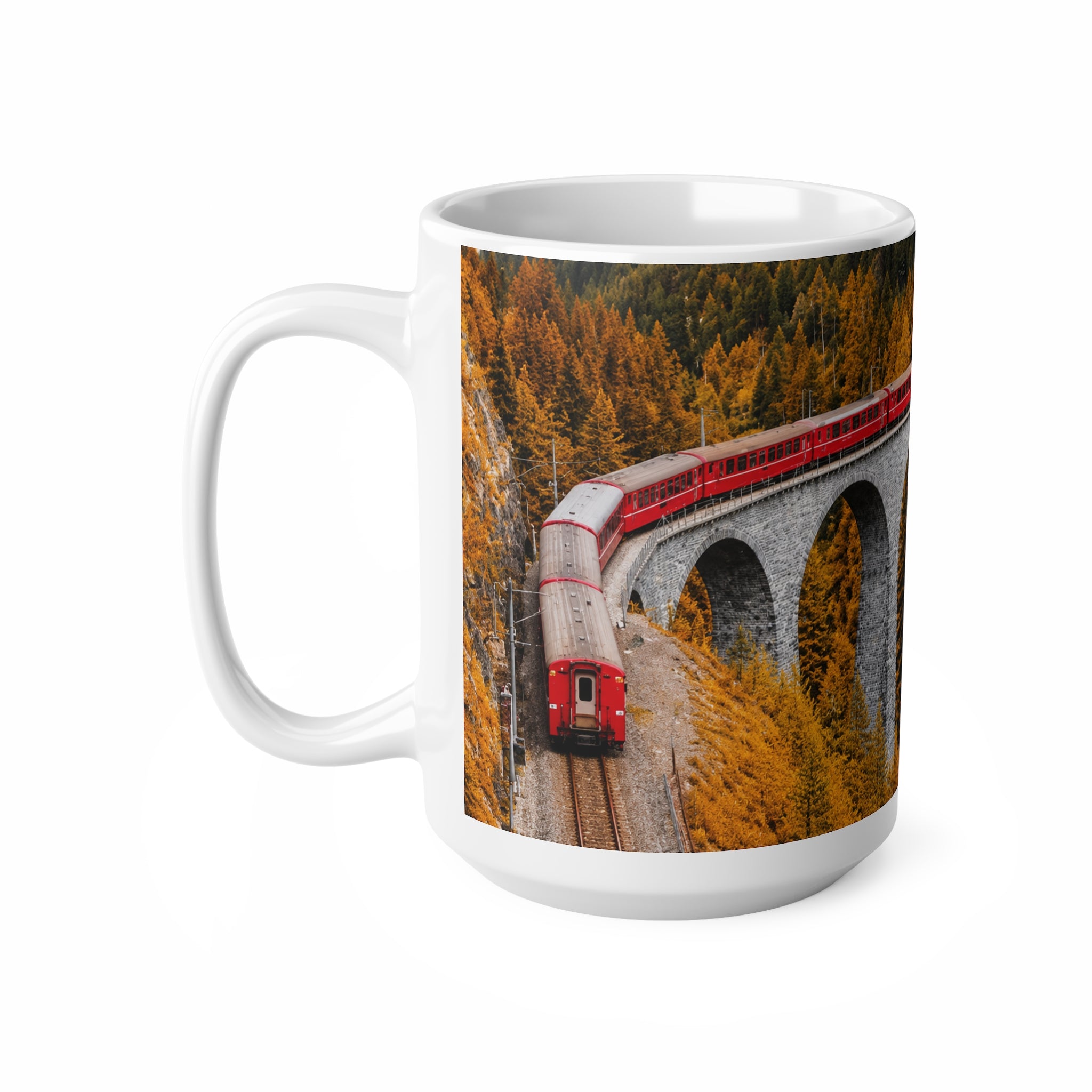 Alpine Scenic Red Train Bridge Coffee Mug – Autumn Railway 11oz & 15oz