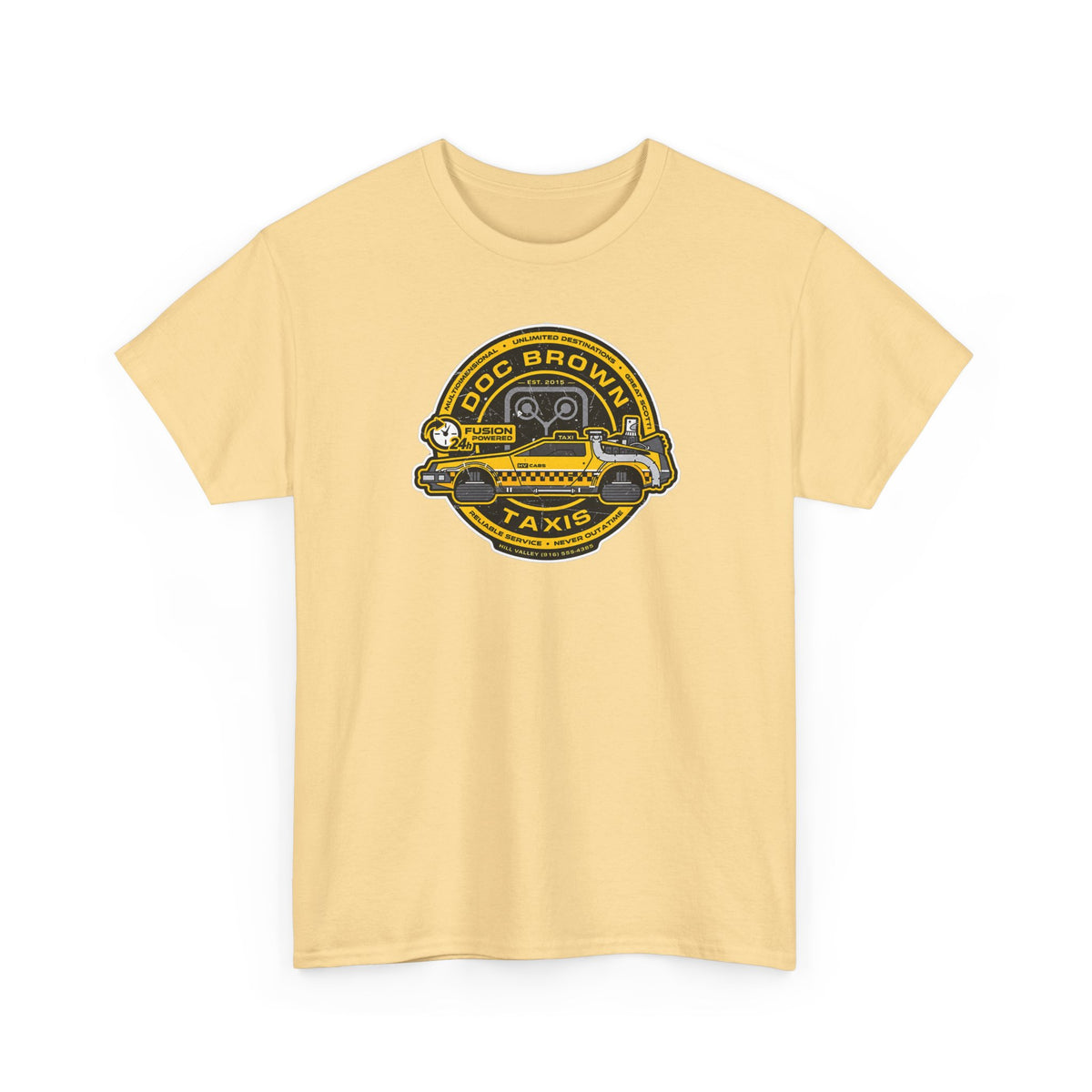 Vintage Taxi Badge T-Shirt — 'Doc Brown Taxis' Retro Cab Logo Tee