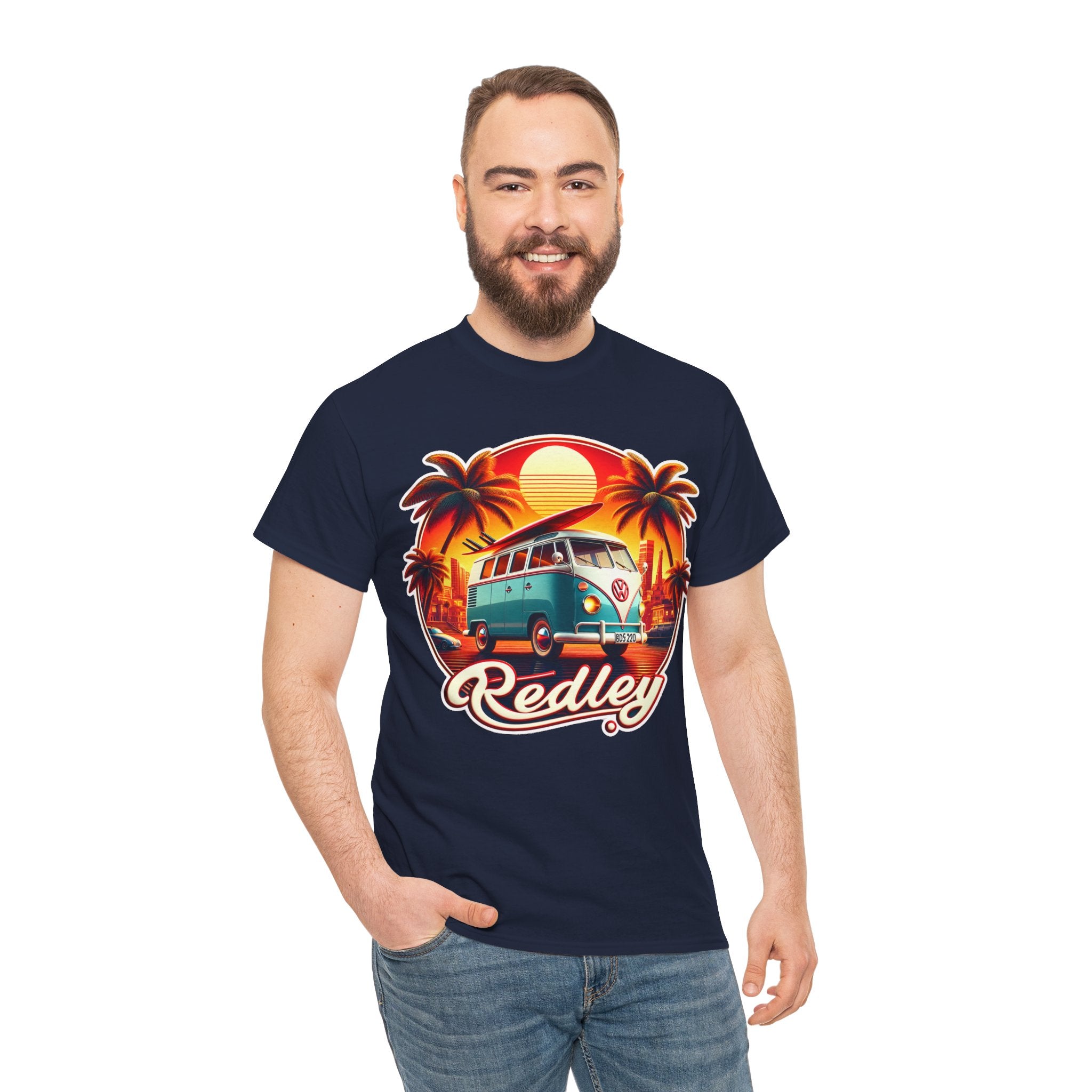 Vintage Surf Van T-Shirt – Retro Beach Sunset Tee with 'Redley' Script