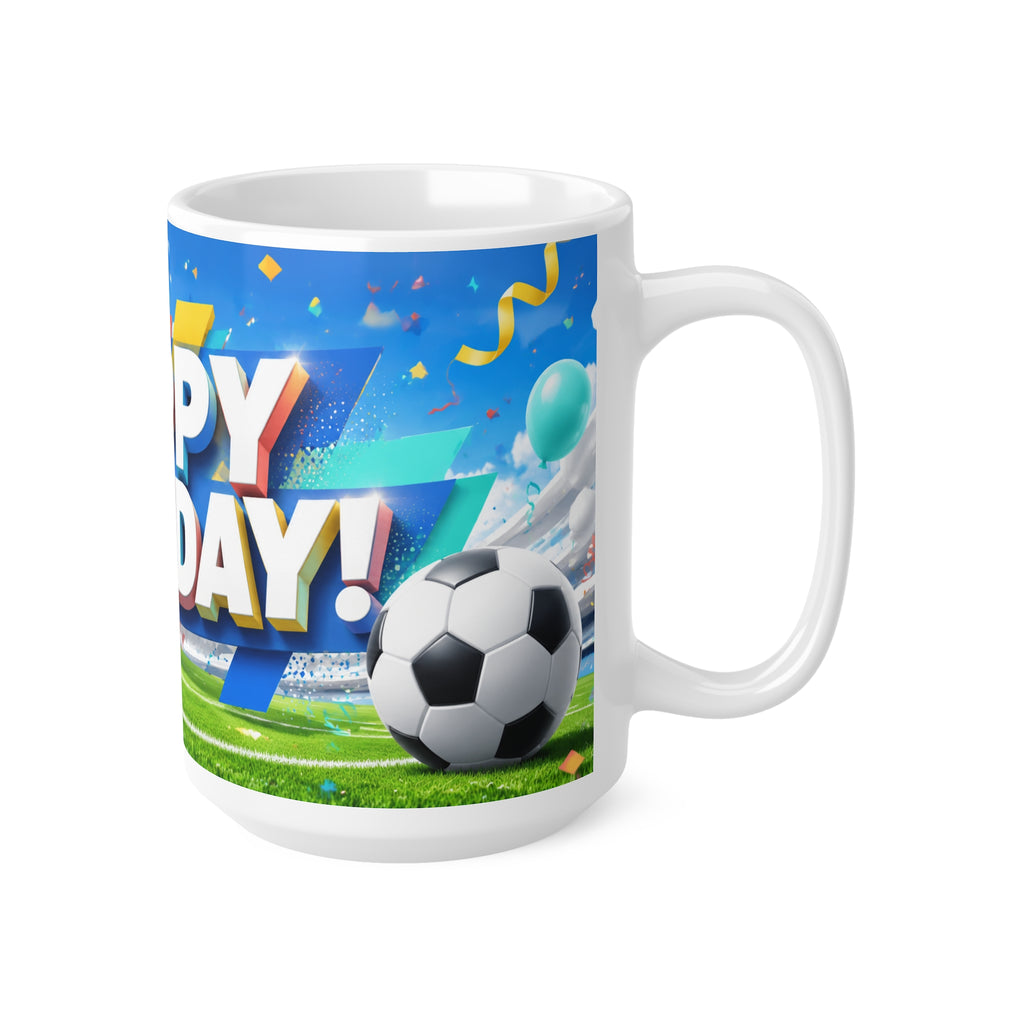 Happy Birthday Football Fan Ceramic Coffee Mug — Festive Balloons & Confetti Design (11oz, 15oz)