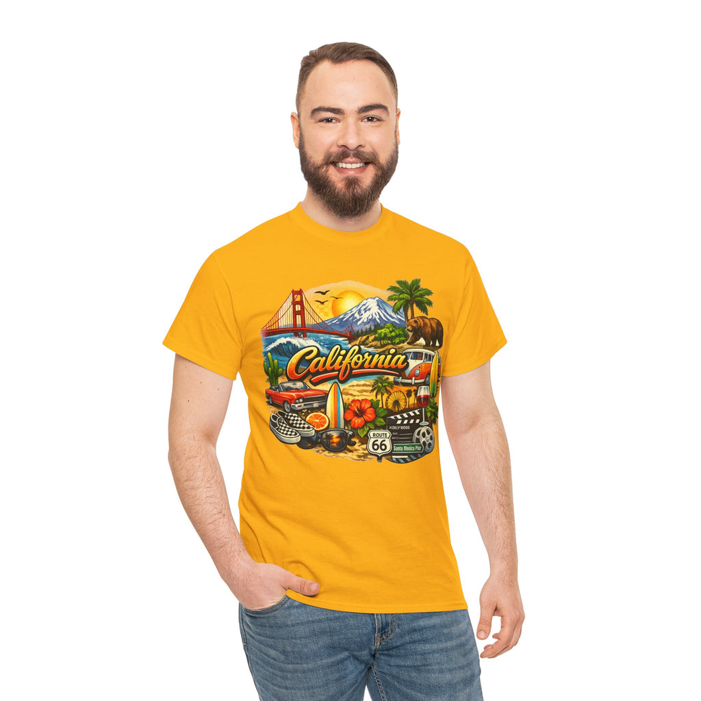 California Vintage Travel T-Shirt — Golden Gate, Palm Trees & Route 66 Tee