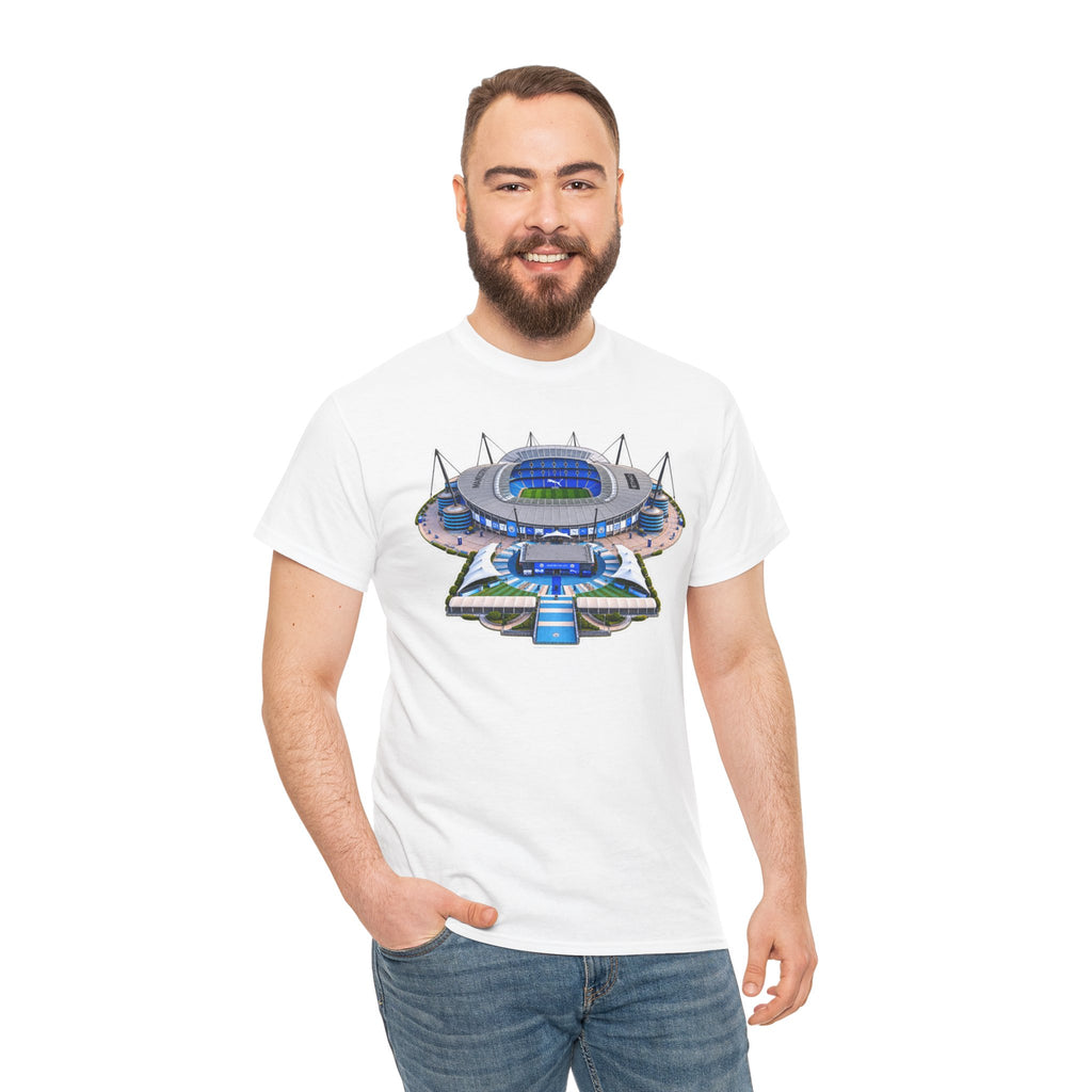 Manchester City Etihad Stadium Illustration T-Shirt — Retro Soccer Arena Graphic Tee