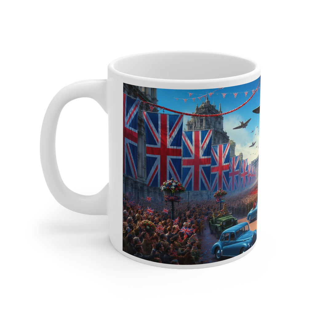 Union Jack Victory Parade Mug — Buckingham Palace Vintage WWII Commemorative Coffee Cup (11oz/15oz)