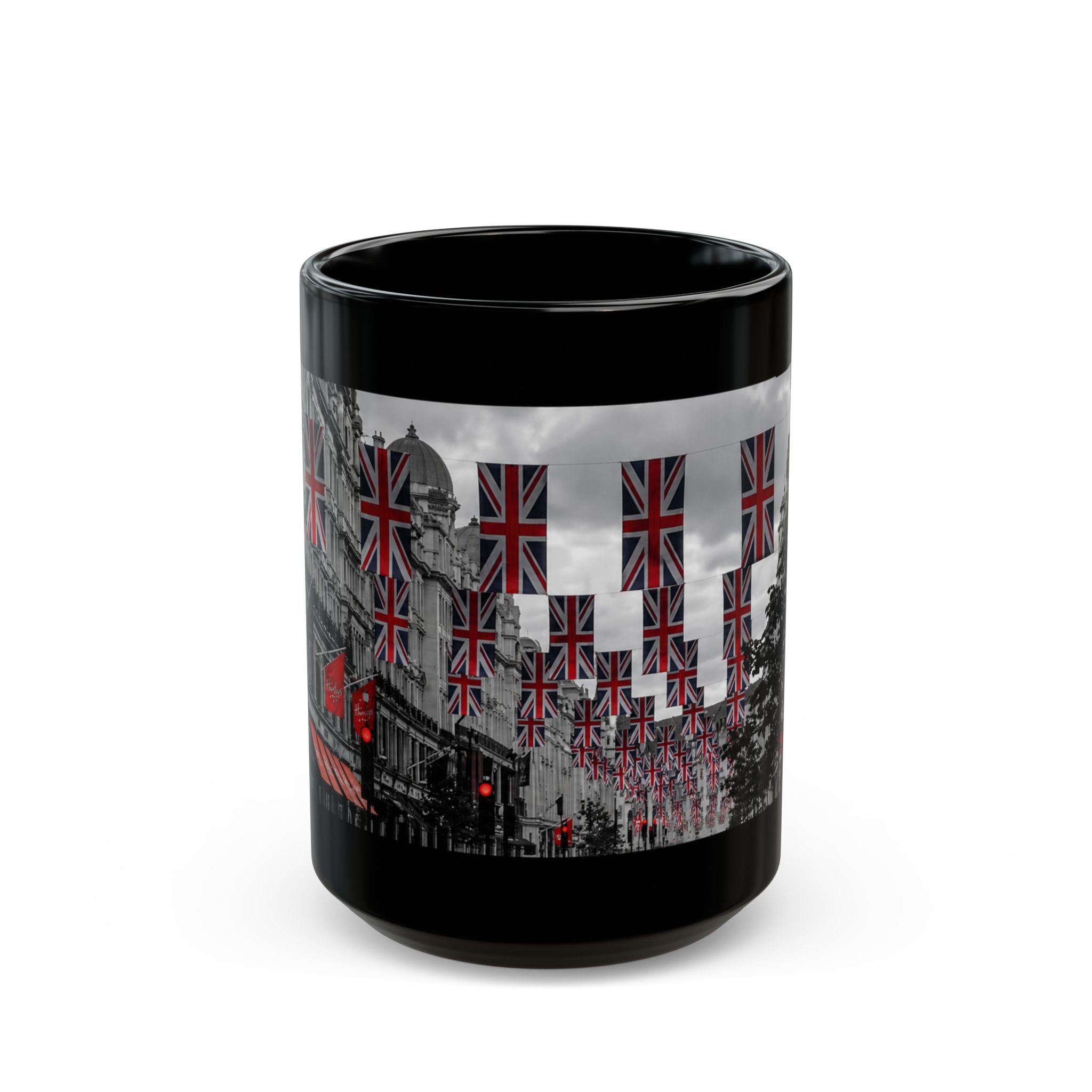 London Street Union Jack Street Scene Black Mug (11oz, 15oz) — London Flags Coffee Cup