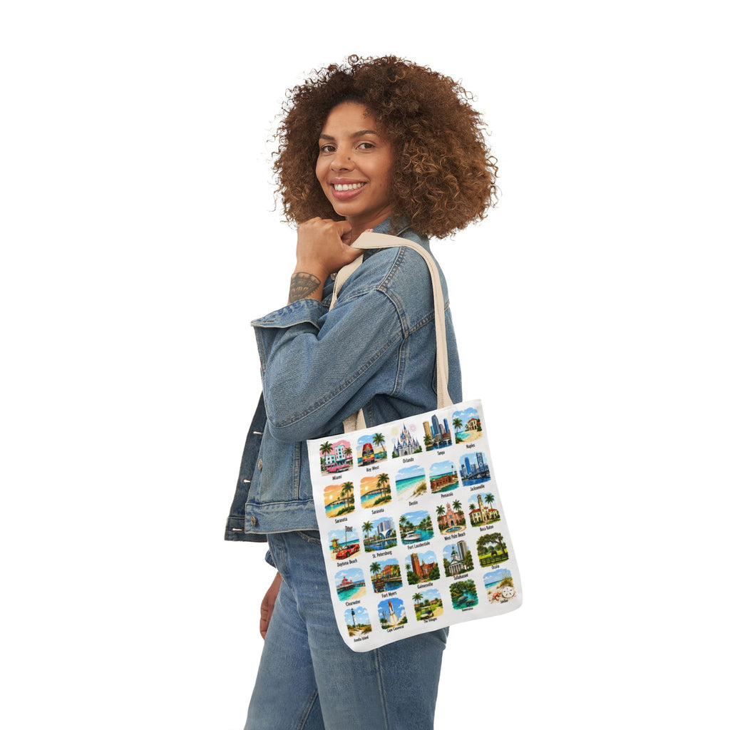 Florida City Landmark Collage Canvas Tote Bag — Vintage Travel Icons Print