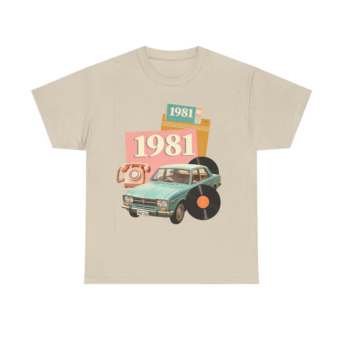 1981 Retro Car Tee — Vintage 80s Birthday T-Shirt with Record & Telephone Design
