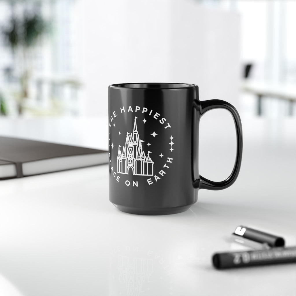 Black Castle Mug — "The Happiest Place on Earth" Ceramic Coffee Cup (11oz/15oz)