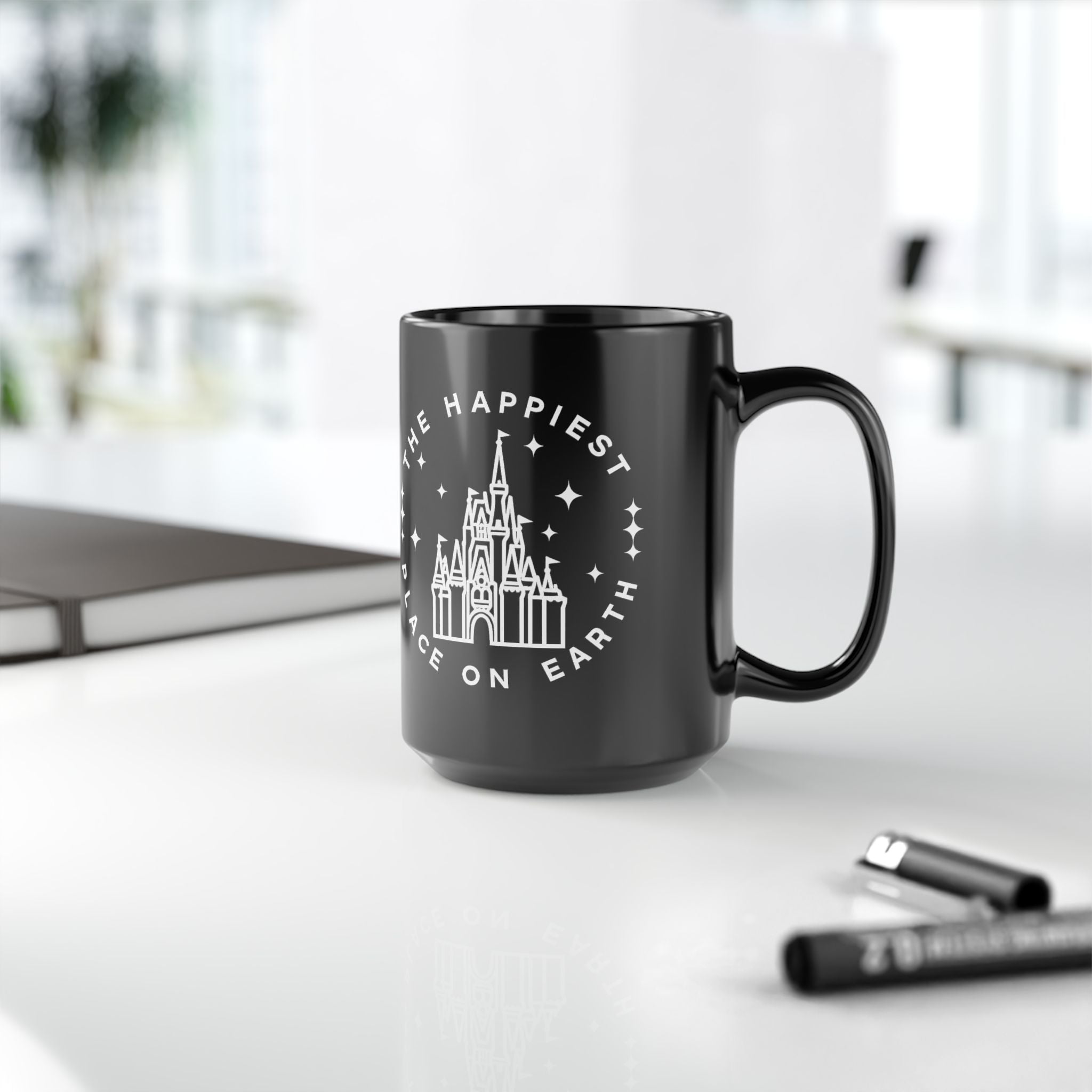 Black Castle Mug — "The Happiest Place on Earth" Ceramic Coffee Cup (11oz/15oz)