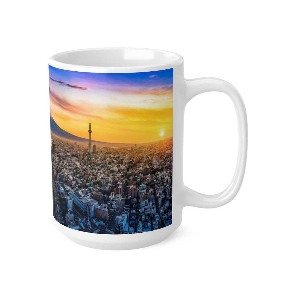 Mountain City Sunrise Ceramic Mug — Scenic Mount Fuji Panorama Coffee Cup (11oz, 15oz)