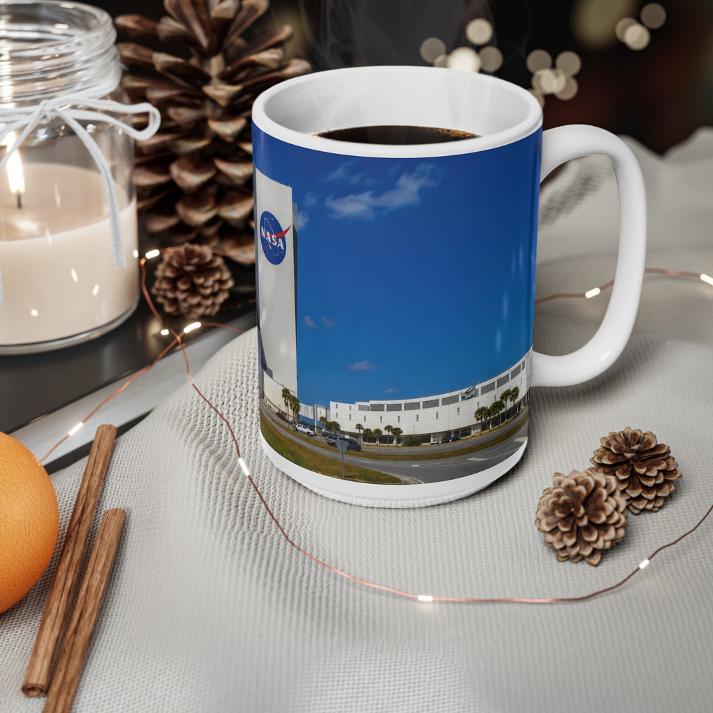NASA Vehicle Assembly Building Photo Mug — American Flag Kennedy Space Center Souvenir (11oz & 15oz)