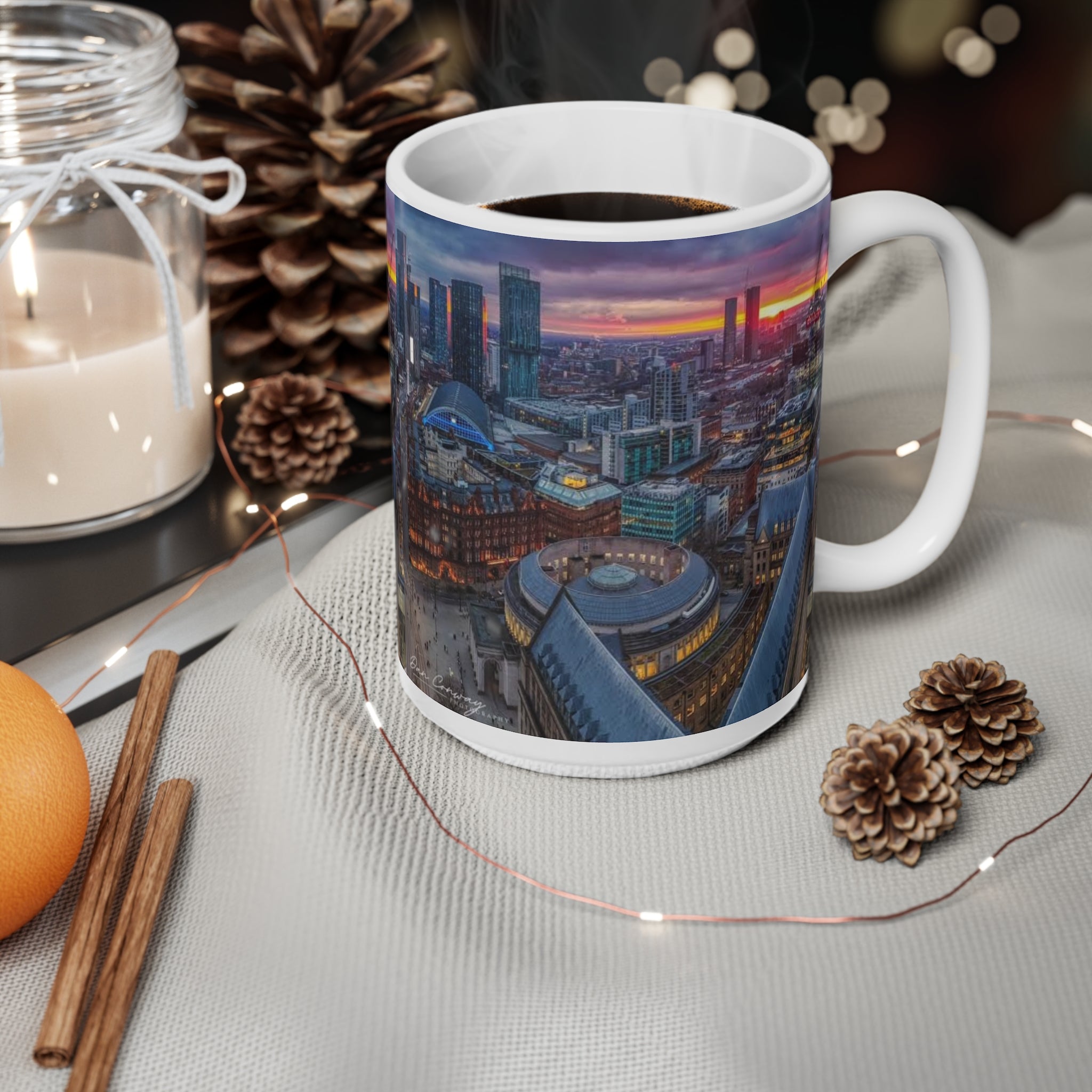 Manchester Cityscape Ceramic Mug — Aerial Skyline Sunset Coffee Cup (11oz, 15oz)