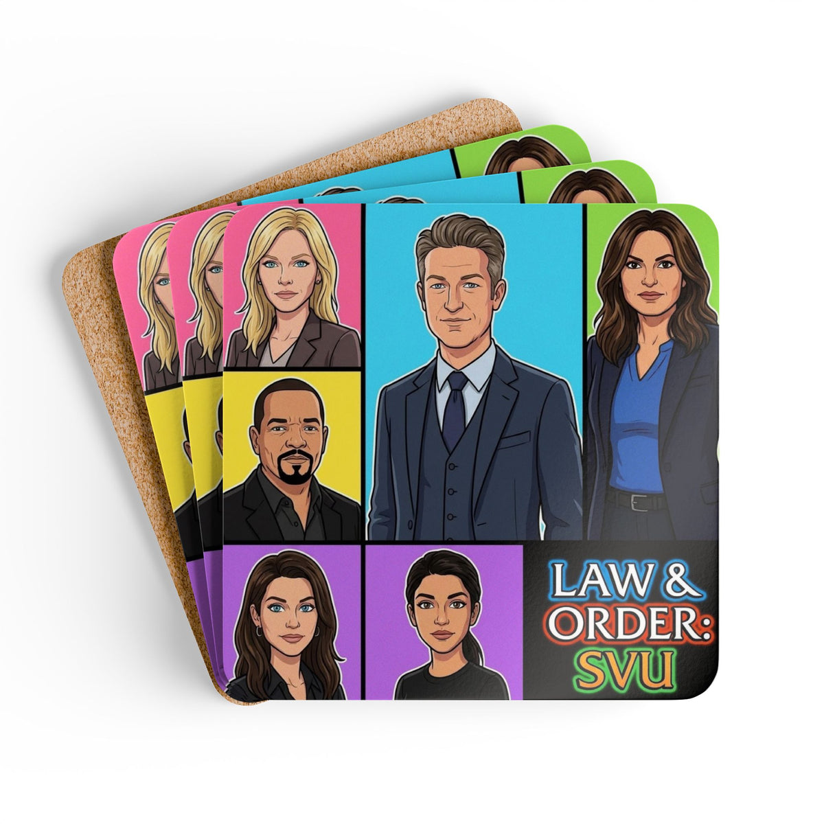 Law & Order: SVU Character Pop Art Corkwood Coaster Set — TV Fan Drink Coasters