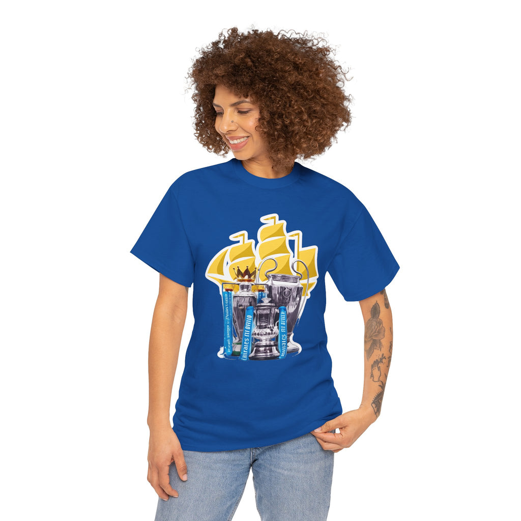 Manchester City Champions Trophy Tee – Golden Cups & Blue Scarves Football Fan Shirt
