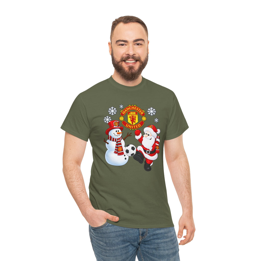 Manchester United Christmas Cotton Tee — Santa & Snowman Football Holiday Shirt