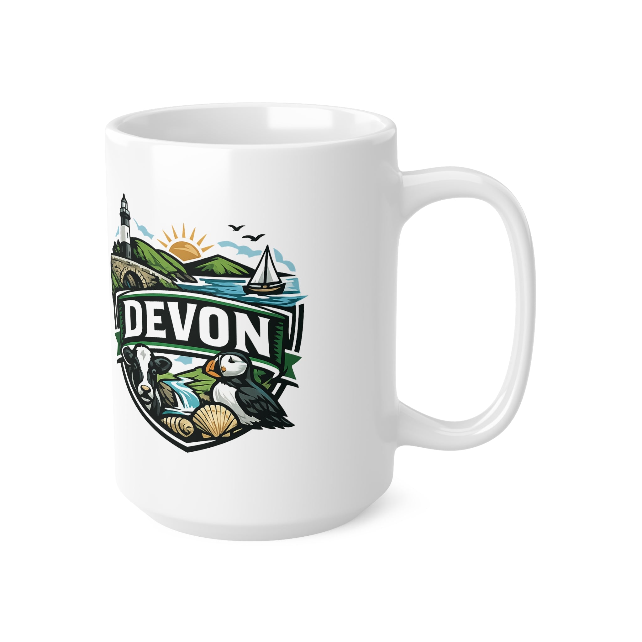 Devon Scenic Mug — Coastal Lighthouse, Puffin & Cow Ceramic Coffee Cup (11oz & 15oz)