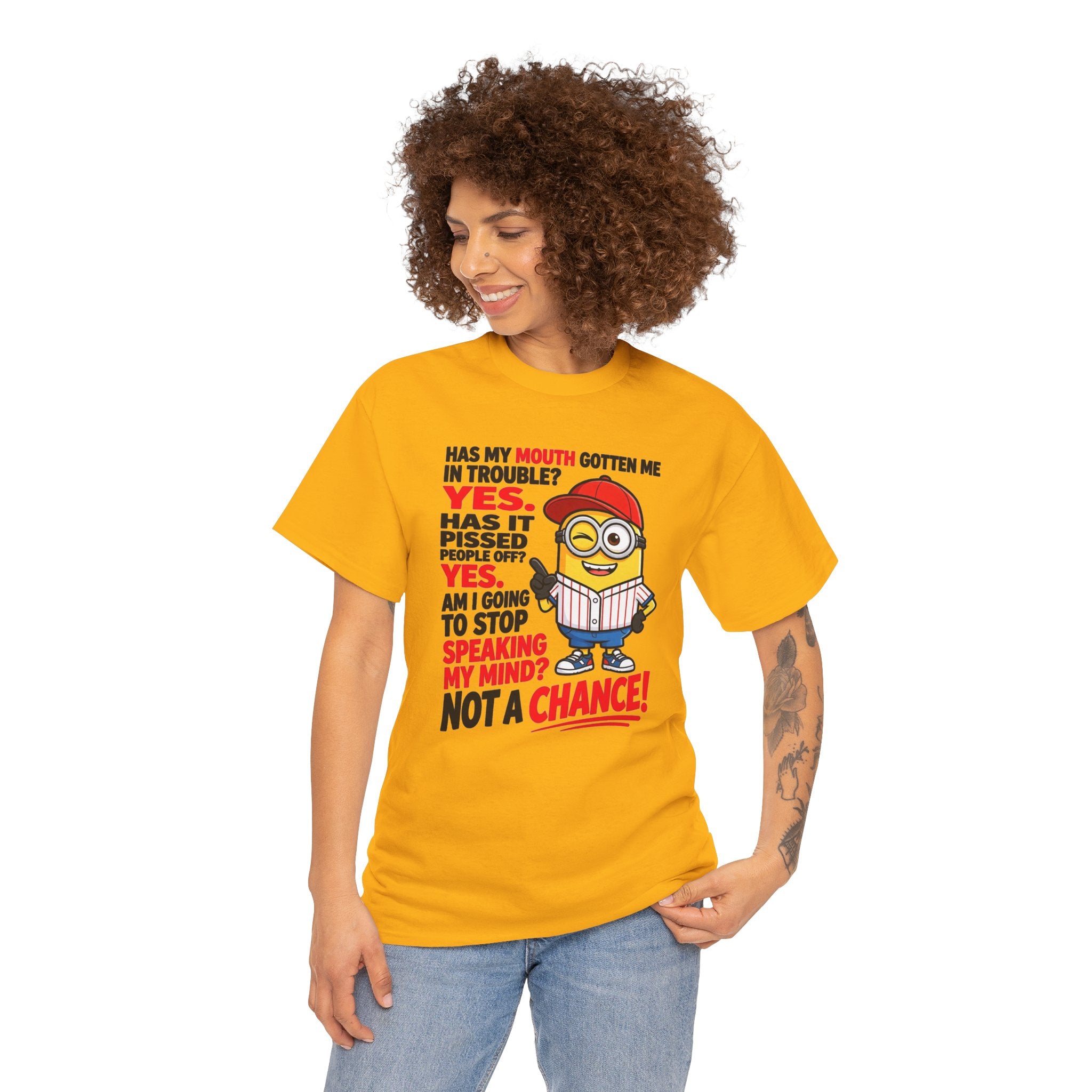 Funny Minion Shirt — "Has My Mouth Gotten Me in Trouble? Not a Chance!" Graphic Tee