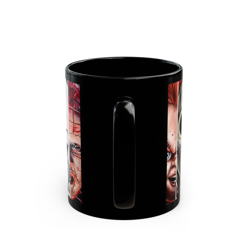 Horror Icons Collage Mug — Leatherface, Ghostface, Jigsaw & Pennywise Black Coffee Cup