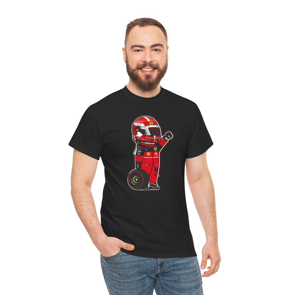 Race Car Driver Cartoon Tee — Cute Red Helmet Racing Shirt