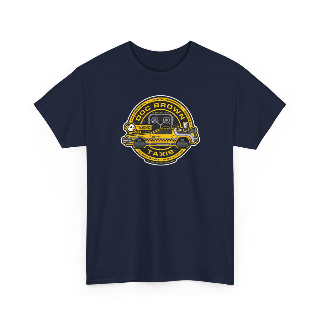 Vintage Taxi Badge T-Shirt — 'Doc Brown Taxis' Retro Cab Logo Tee