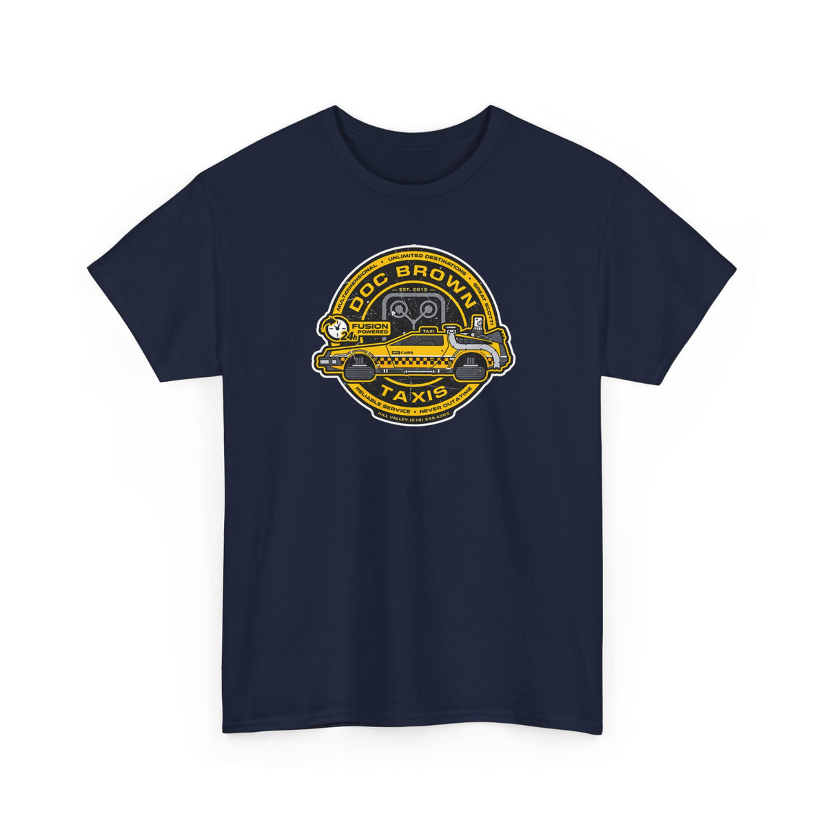 Vintage Taxi Badge T-Shirt — 'Doc Brown Taxis' Retro Cab Logo Tee