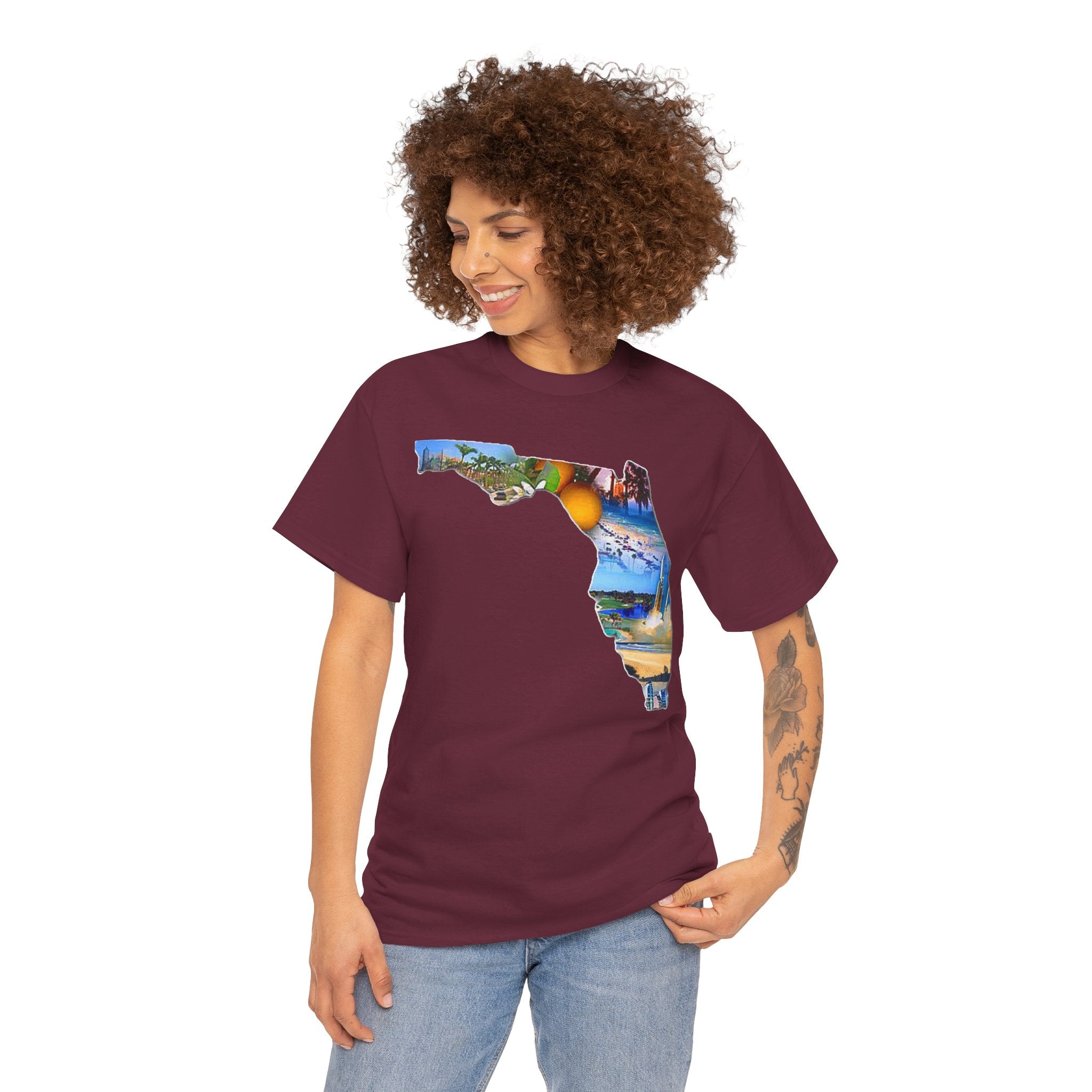 Florida State Shape T-Shirt — Scenic Beach & Sunset Map Tee