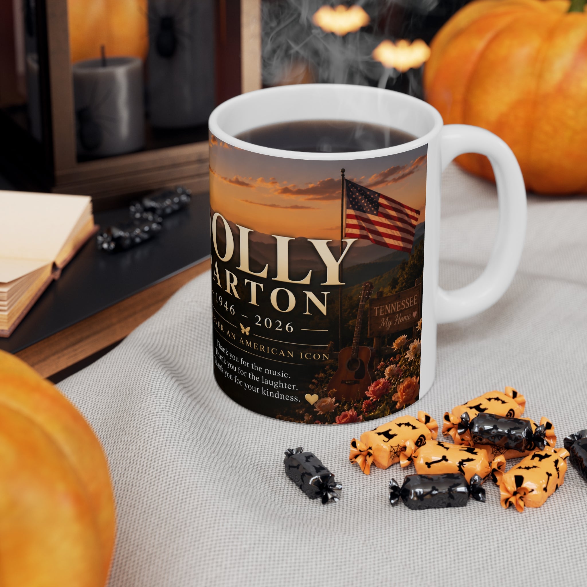 Dolly Parton Memorial Sunset Portrait Mug — Inspirational Tribute Ceramic Coffee Cup
