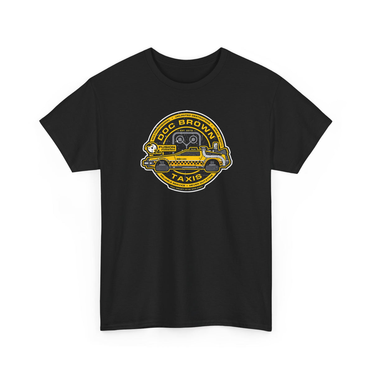 Vintage Taxi Badge T-Shirt — 'Doc Brown Taxis' Retro Cab Logo Tee