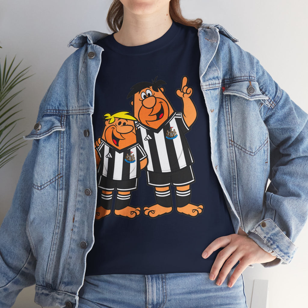 Newcastle United Flintstones Cartoon Cotton T-Shirt / Tee — Retro Striped Jersey Illustrations