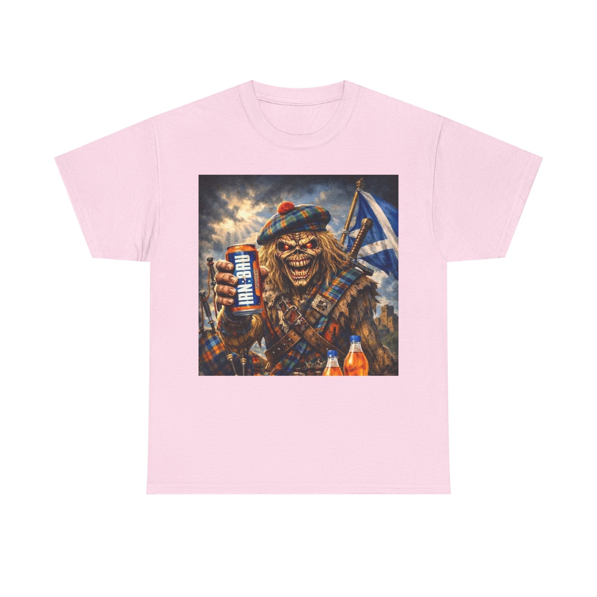 Scottish Rock Skull T‑Shirt — Eddie the Piper with Flag & Can Graphic Tee