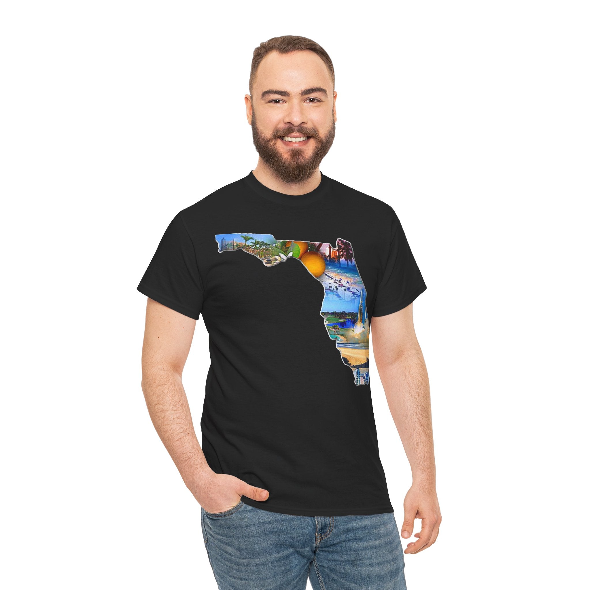 Florida State Shape T-Shirt — Scenic Beach & Sunset Map Tee