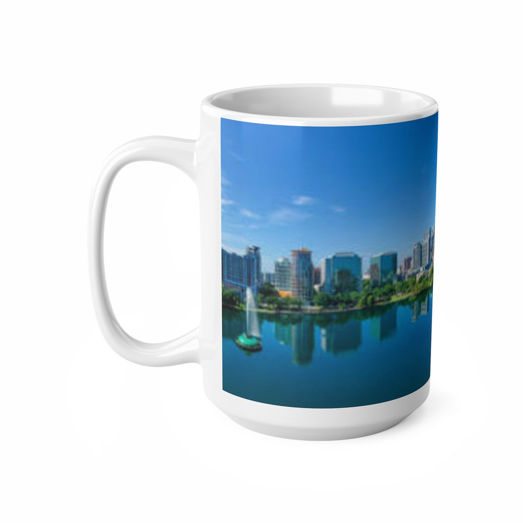 City Skyline Mug — Blue Lake Reflection Ceramic Coffee Cup (11oz & 15oz)