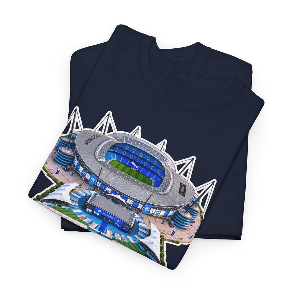 Manchester City Etihad Stadium Illustration T-Shirt — Retro Soccer Arena Graphic Tee
