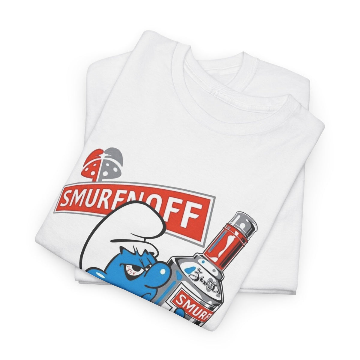 Smurf Holding Bottle Graphic Tee — "Smurf Off" Retro Cartoon T-Shirt