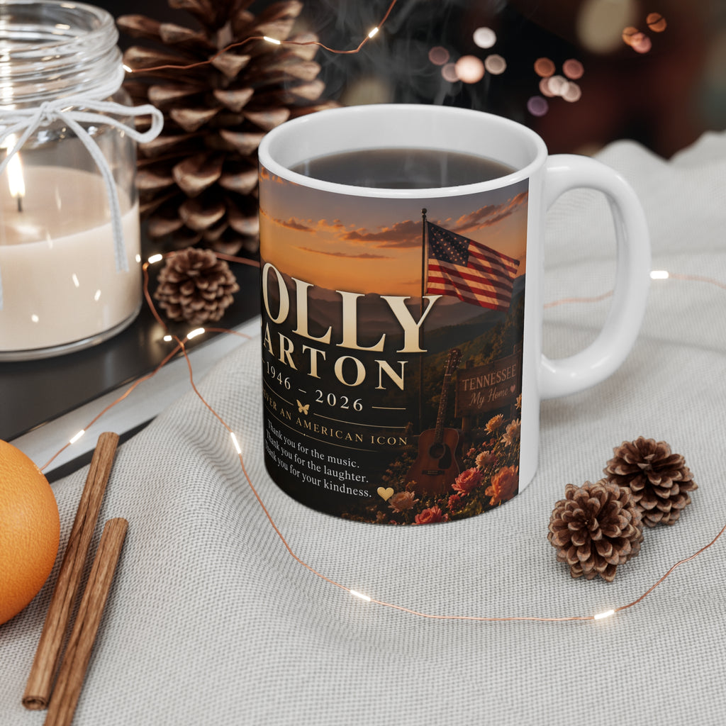 Dolly Parton Memorial Sunset Portrait Mug — Inspirational Tribute Ceramic Coffee Cup