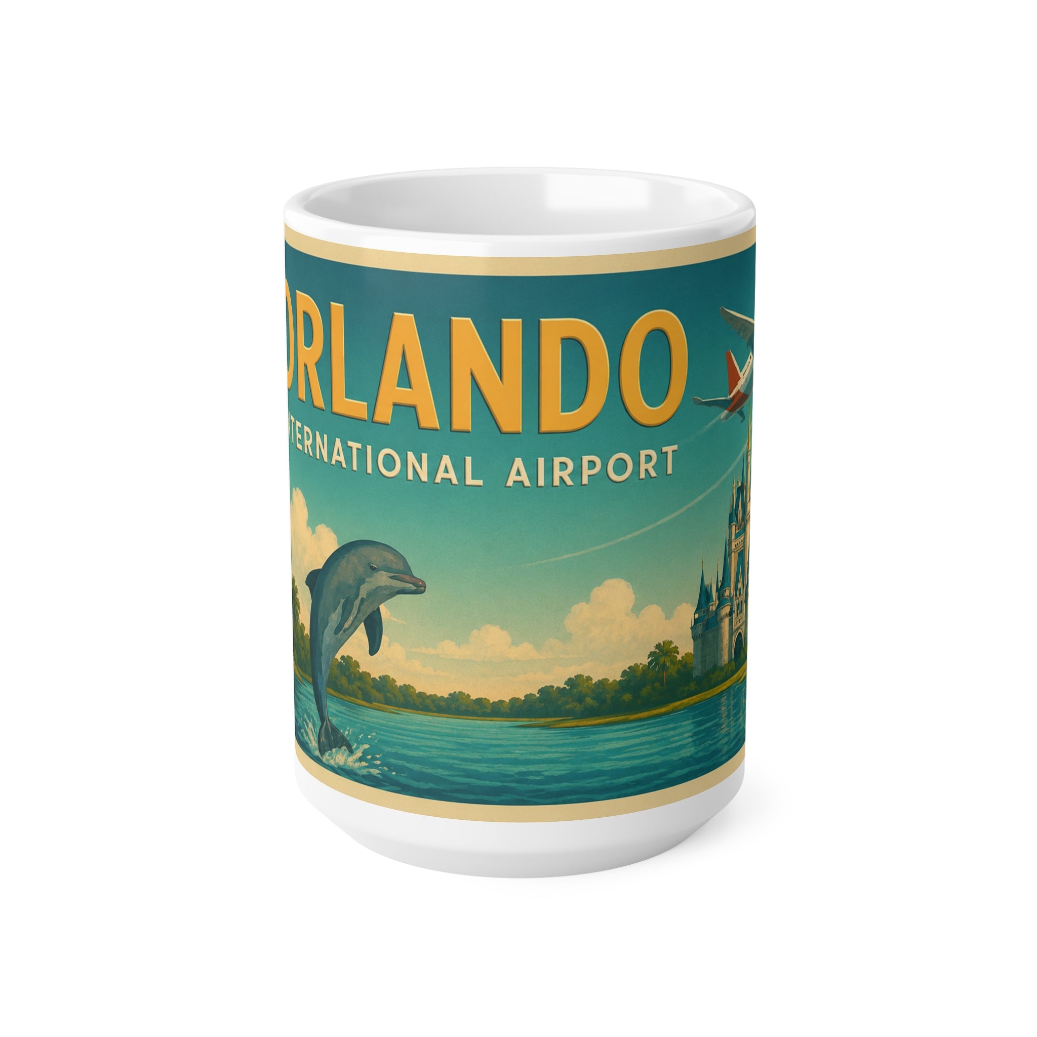 Orlando Vintage Travel Mug – 'Orlando International Airport' Retro Dolphin & Palm Coffee Cup (11oz, 15oz)