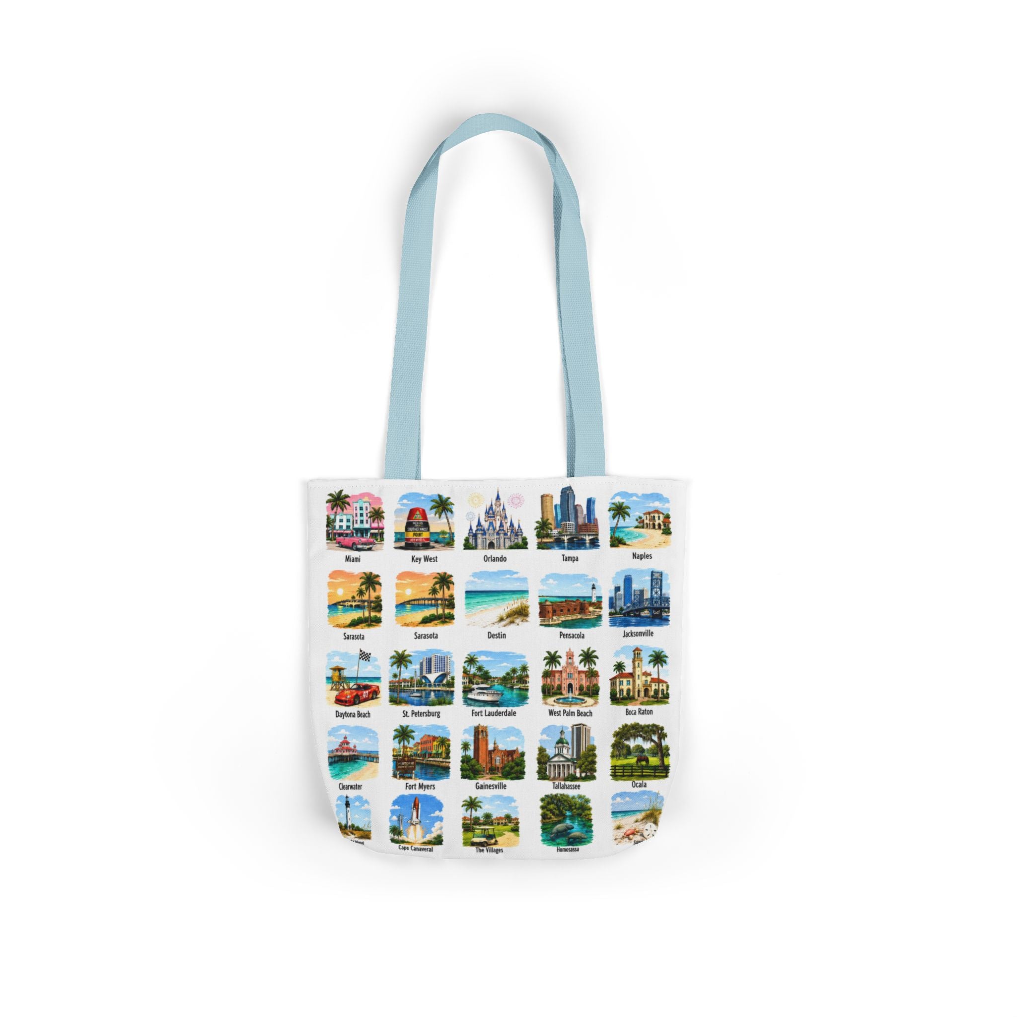 Florida City Landmark Collage Canvas Tote Bag — Vintage Travel Icons Print