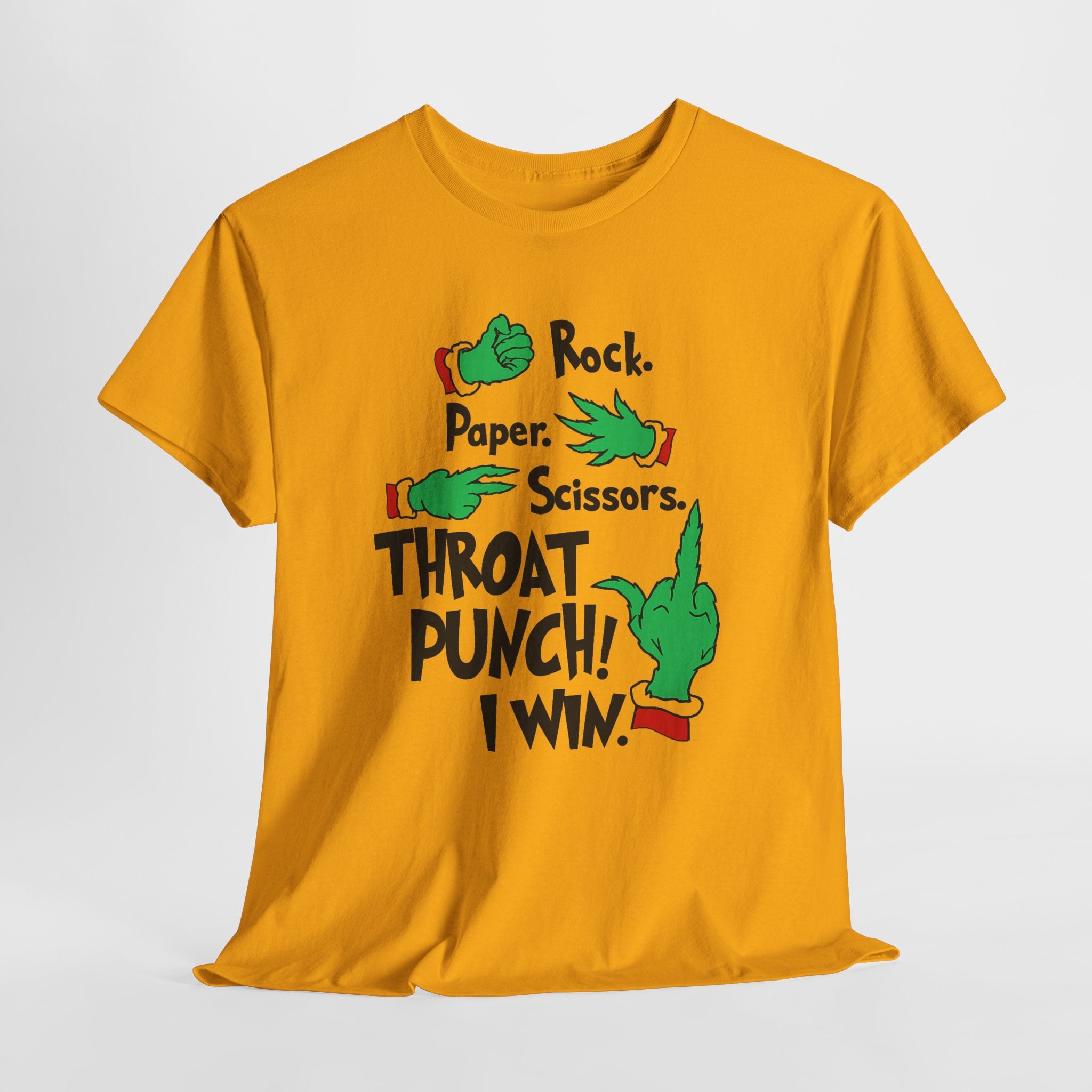 Funny Holiday Tee — "Rock. Paper. Scissors. Throat Punch! I Win" Graphic T-Shirt
