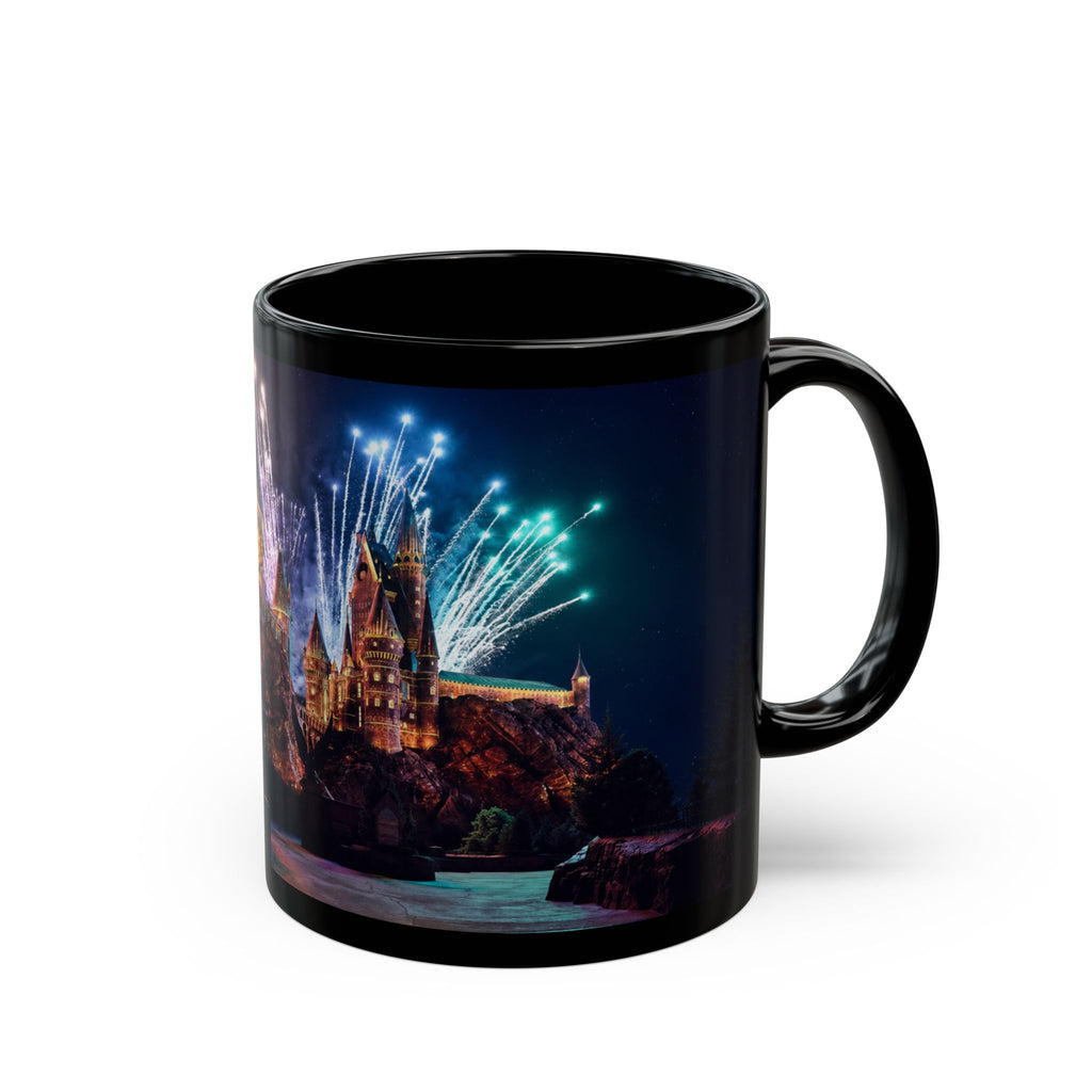 Hogwarts Castle Fireworks Night Black Mug — Castle Nightscape Coffee Cup (11oz/15oz)