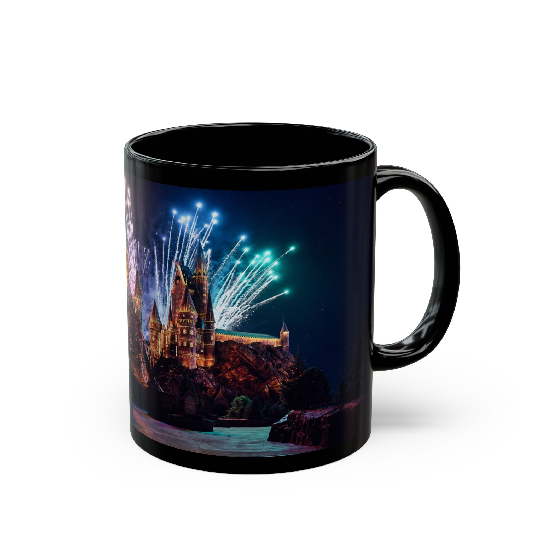 Hogwarts Castle Fireworks Night Black Mug — Castle Nightscape Coffee Cup (11oz/15oz)