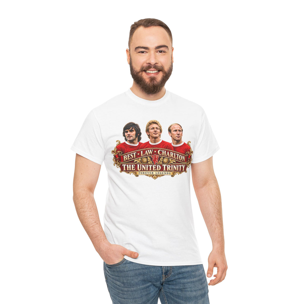 T-Shirt — 'The United Trinity: Best · Law · Charlton' Vintage Football Tribute Tee