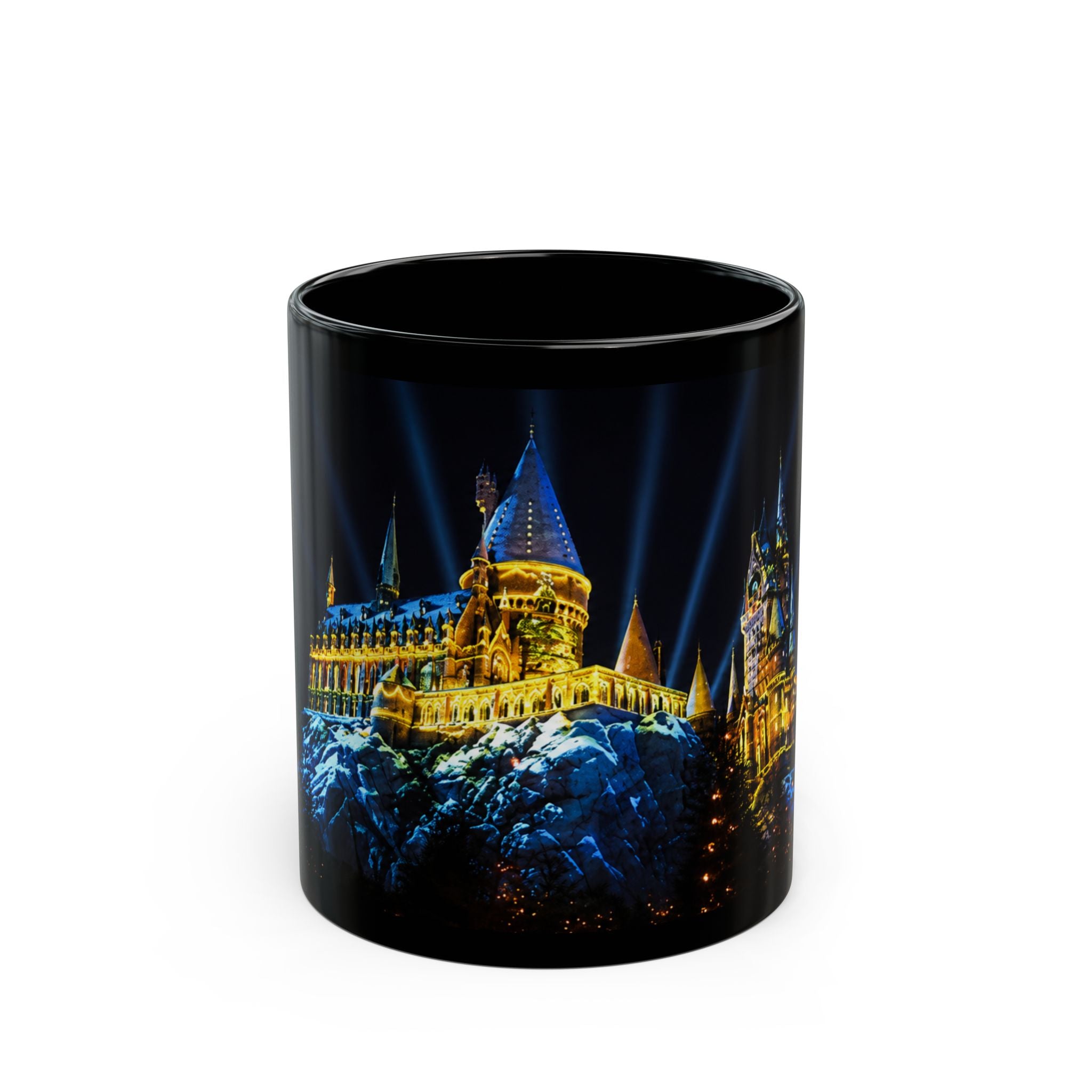 Hogwarts Night Castle Black Coffee Mug – Festive Illuminated Castle Panorama (11oz & 15oz)